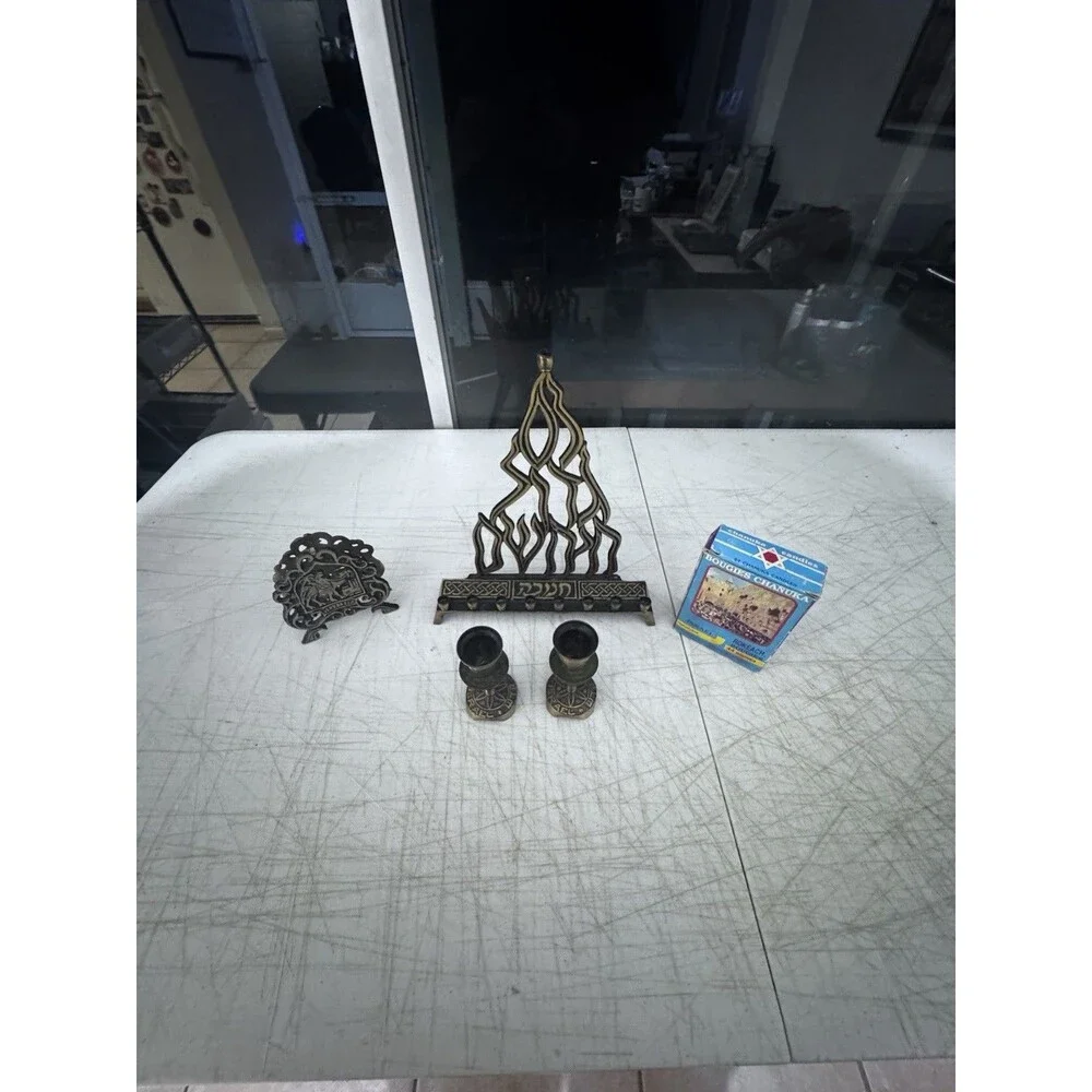 Vintage Israeli Brass Flame Menorah Set Eilat Stone Napkin Holder Candlesticks